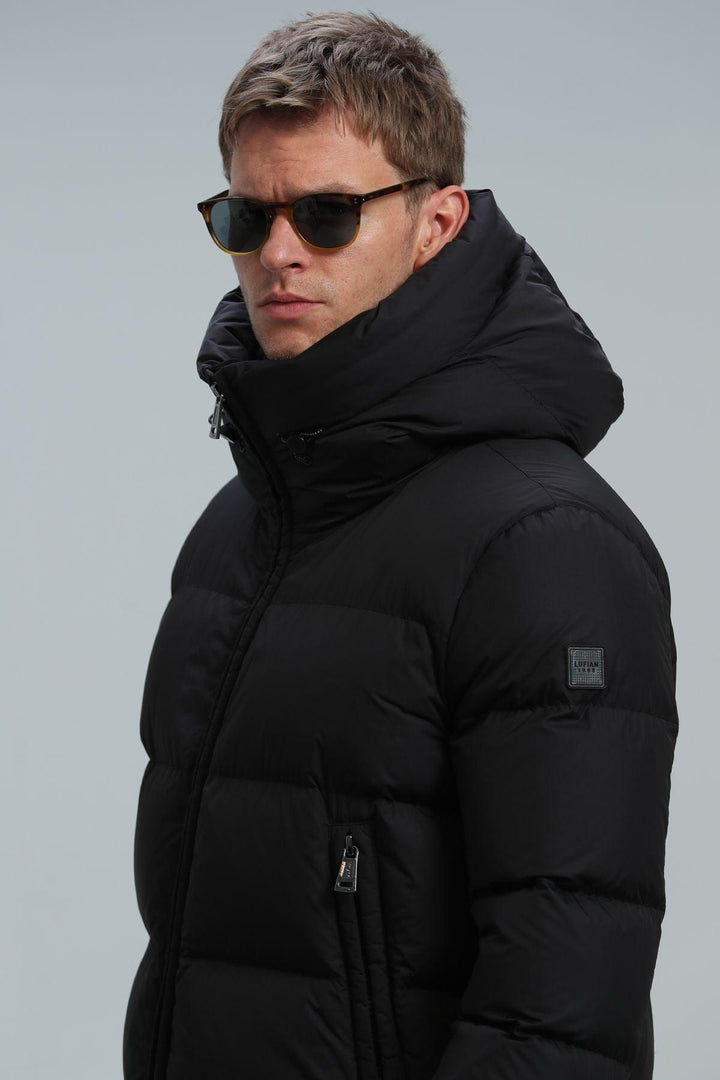 Black Feathered Elegance: Men's Goose Feather Coat by Tommy - Texmart