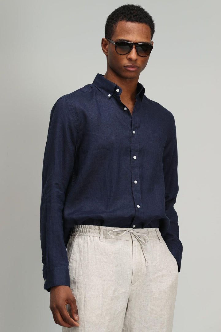 Navy Blue Linen Comfort Fit Shirt for Men - The Ultimate Blend of Style and Comfort - Texmart