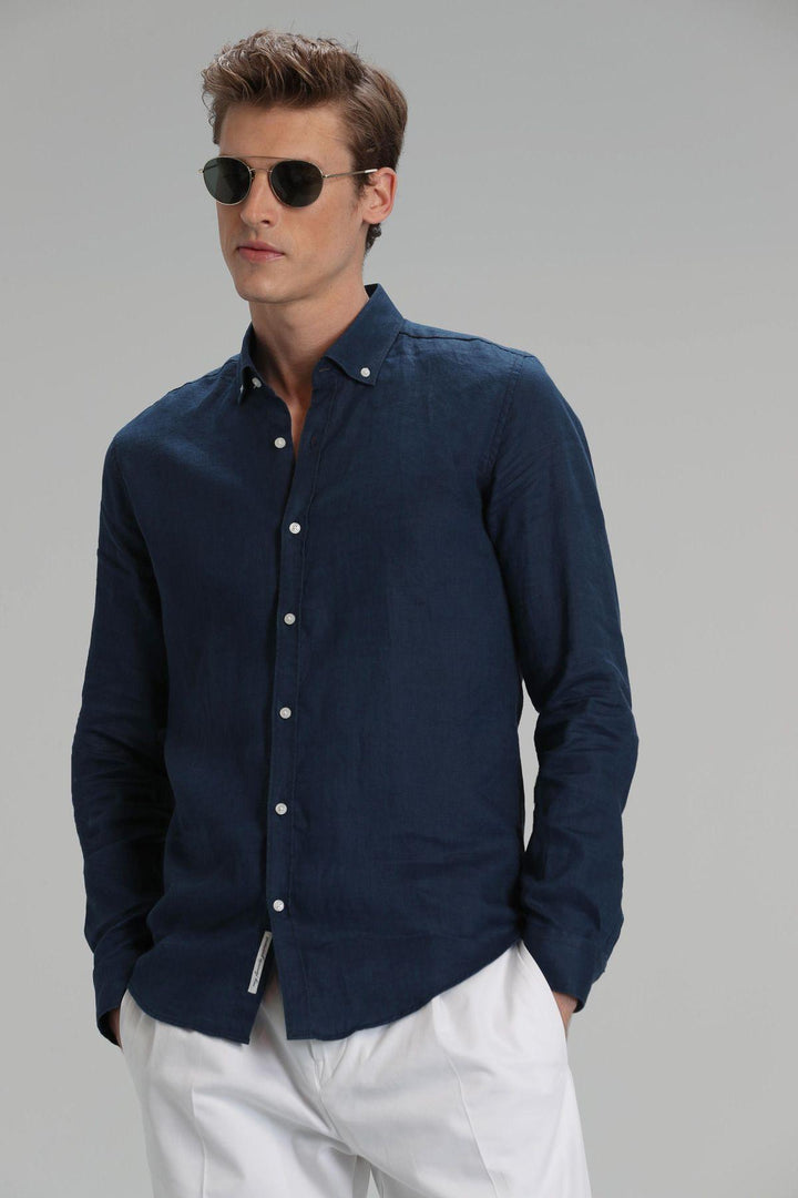 Navy Blue Linen Elegance: The Ultimate Men's Comfort Fit Shirt - Texmart