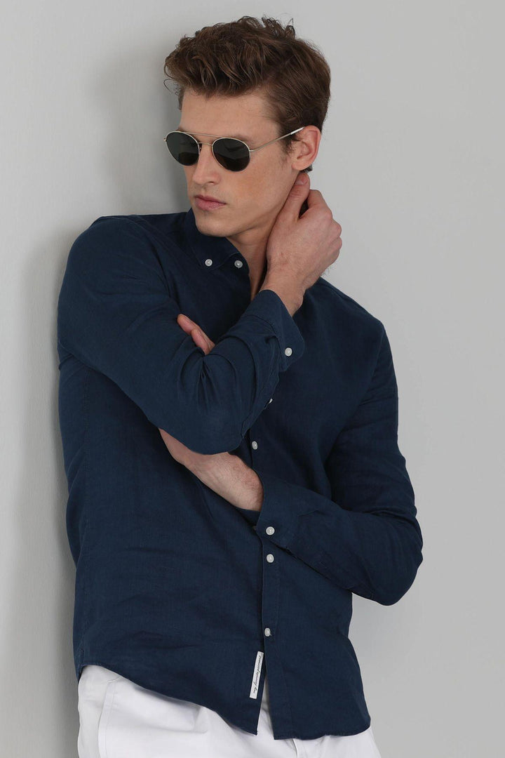 Navy Blue Linen Elegance: The Ultimate Men's Comfort Fit Shirt - Texmart