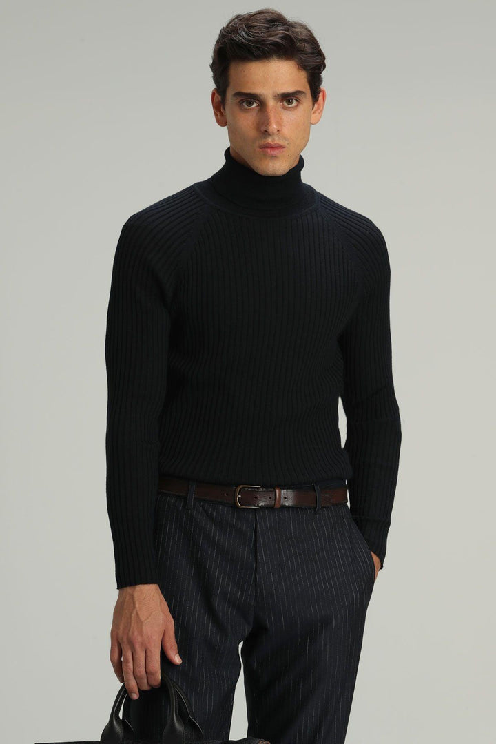 Navy Blue Wool Blend Full Fisherman Men's Sweater - Stay Warm and Stylish All Season Long! - Texmart