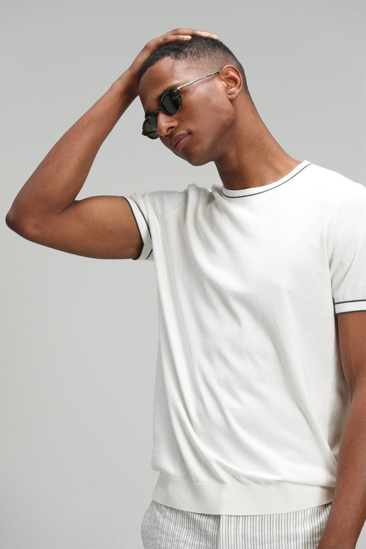 Off White Cotton-Nylon Blend Arles Men's Short Sleeve Sweater: Elevate Your Style with Comfort and Versatility - Texmart