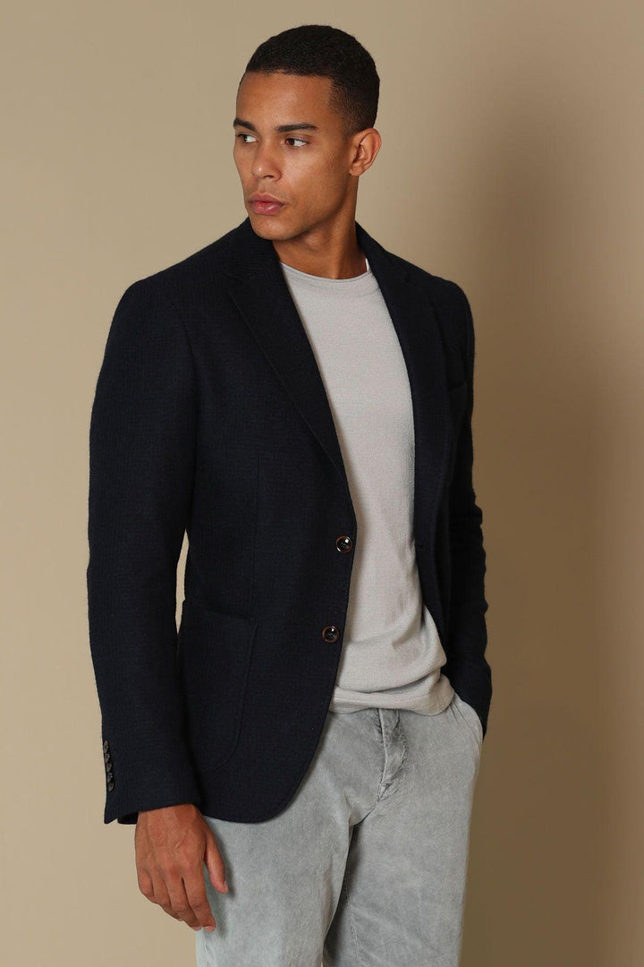Sophisticated Navy Blue Wool Blend Slim Fit Men's Blazer Jacket - Texmart