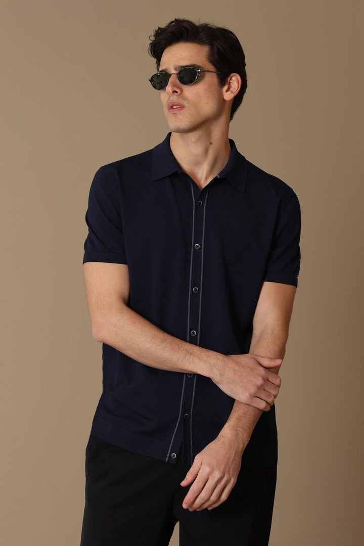 The Navy Blue Niva Men's Short Sleeve Sweater: A Stylish Blend of Comfort and Versatility - Texmart