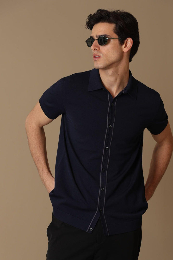 The Navy Blue Niva Men's Short Sleeve Sweater: A Stylish Blend of Comfort and Versatility - Texmart